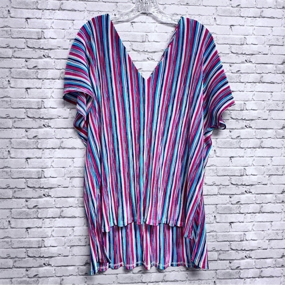 Caramela Vertical Striped Colorful Blouse Top High Low Hem Size Large